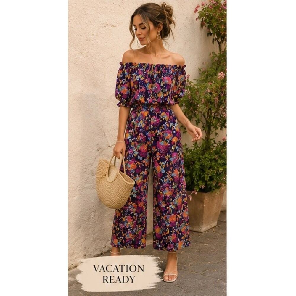 SALONI Off-The-Shoulder Floral silk Jumpsuit Purple Multi Print Size US 6